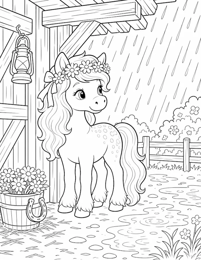 Rainy barn day coloring page with Clover