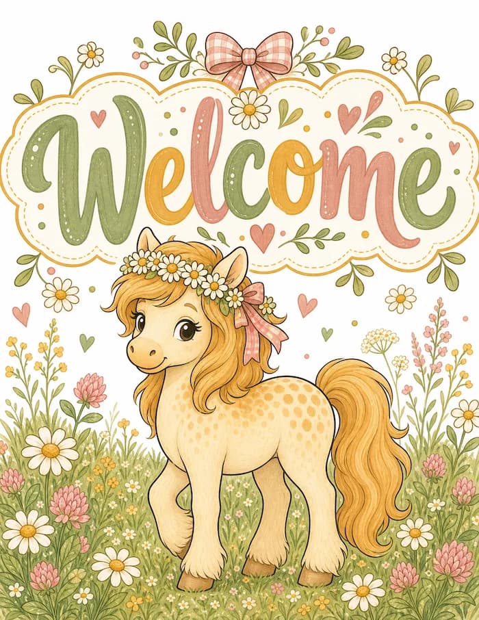 Welcome page with Clover the pony in a flower meadow